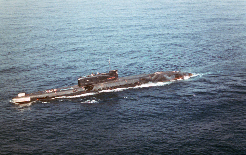 A port bow view of a Soviet Juliett class guided missile submarine.