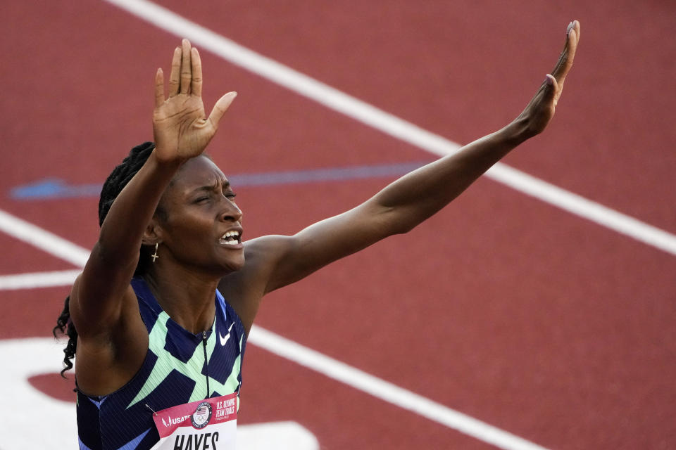 Quanera Hayes celebrates after winning the women's 400-meter run at the U.S. Olympic Track and Field Trials Sunday, June 20, 2021, in Eugene, Ore. (AP Photo/Chris Carlson)