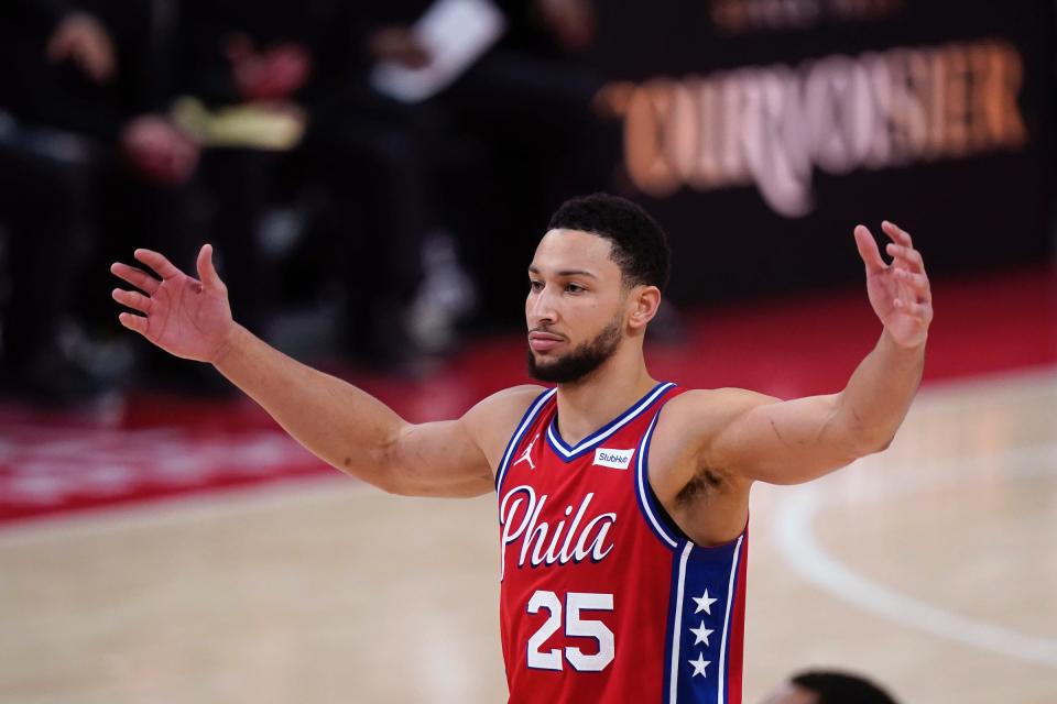 Philadelphia 76ers guard Ben Simmons plays during the second half of an NBA basketball game against the Detroit Pistons, Saturday, Jan. 23, 2021, in Detroit. (AP Photo/Carlos Osorio)