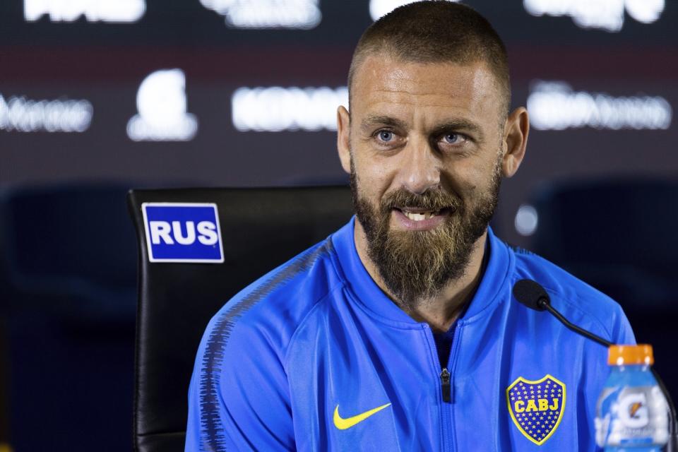 FILE - Daniele De Rossi speaks during a press conference in Buenos Aires, Argentina, Monday, July 29, 2019. Roma has announced on Tuesday, Jan. 16, 2024 that José Mourinho is leaving the club “with immediate effect.” Former Roma captain Daniele De Rossi was named as Mourinho’s replacement with a contract through the end of the season. (AP Photo/Tomas F. Cuesta, File)