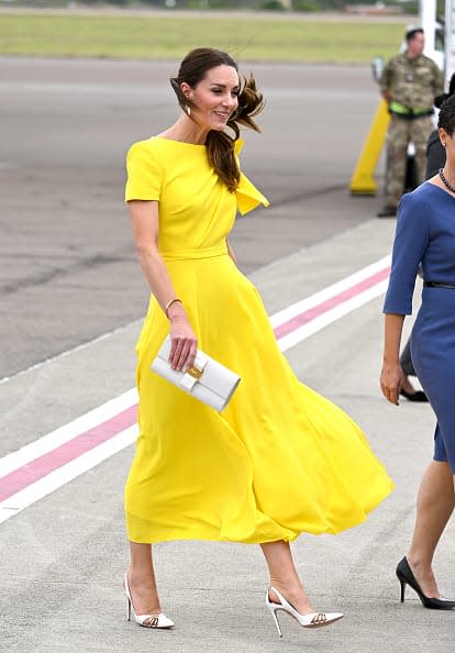 <div class="inline-image__caption"><p>Catherine, Duchess of Cambridge arrives with Prince William, Duke of Cambridge at Norman Manley International Airport to visit Jamaica as part of their Royal Tour of the Caribbean on March 22, 2022 in Kingston, Jamaica.</p></div> <div class="inline-image__credit">Karwai Tang/WireImage</div>