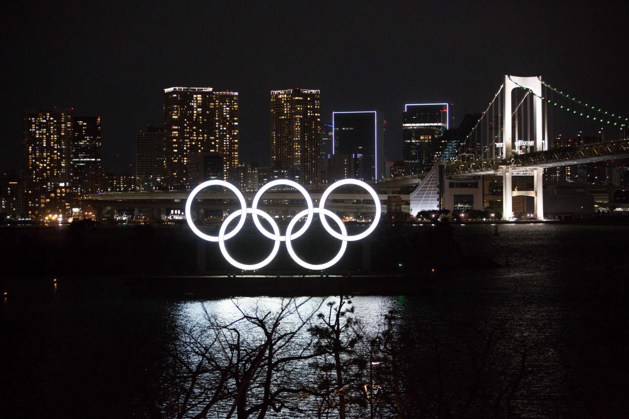 Illuminated Olympic Rings installation in Odaiba Marine Park as Tokyo prepares for the rescheduled 2020 Games