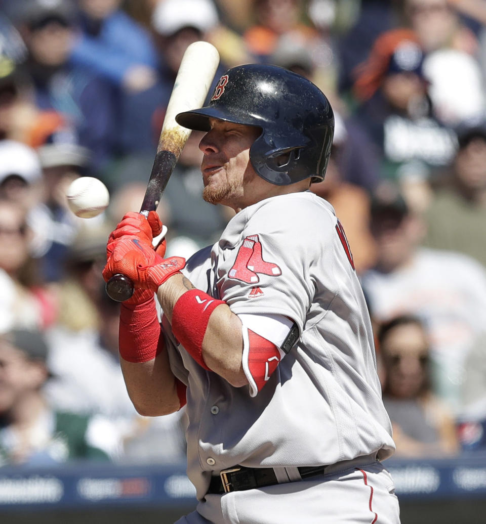 <p>Boston Red Sox’s Christian Vazquez is hit by a pitch during the fifth inning of a baseball game against the Detroit Tigers, April 8, 2017, in Detroit. (Photo: Carlos Osorio/AP) </p>