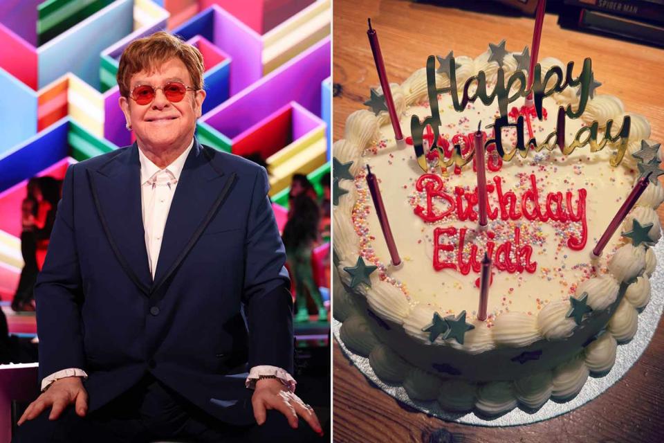 <p>getty; elton john/instagram</p> Elton John celebrates his son