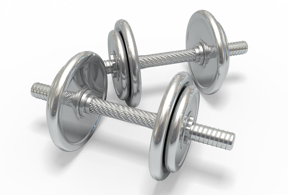 Two silver adjustable dumbbells with knurling 
