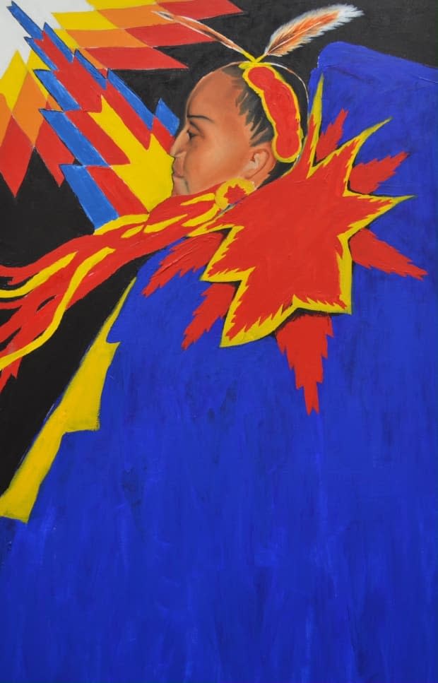 The annual event, A Youth Explosion (AYE) provides opportunities for young Indigenous people to express themselves artistically. Above is an original AYE painting by Keegan Starlight.  (Canada Bridges - image credit)