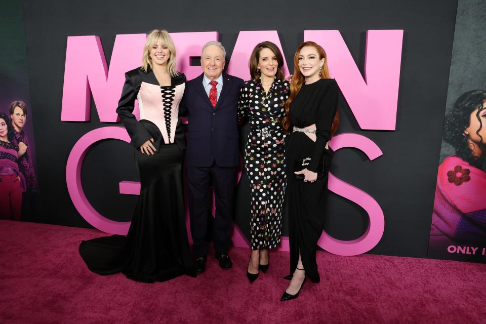 (L-R) Reneé Rapp, Lorne Michaels, Tina Fey and Lindsay Lohan attend the "Mean Girls" premiere at AMC Lincoln Square Theater on January 08, 2024 in New York City.