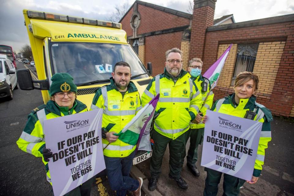 Ambulance workers on a picket line in Belfast last week.