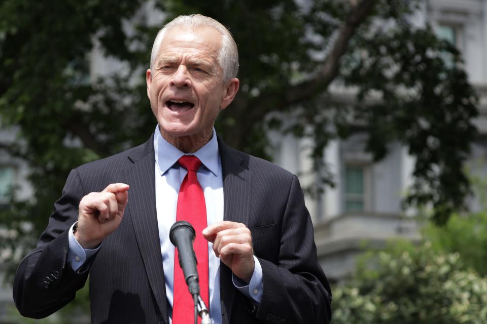 Director of Trade and Manufacturing Policy Peter Navarro speaks to members of the press outside the West Wing of the White House June 18, 2020 in Washington, DC. Navarro spoke on former National Security Adviser John Bolton’s new book “The Room Where It Happened.”