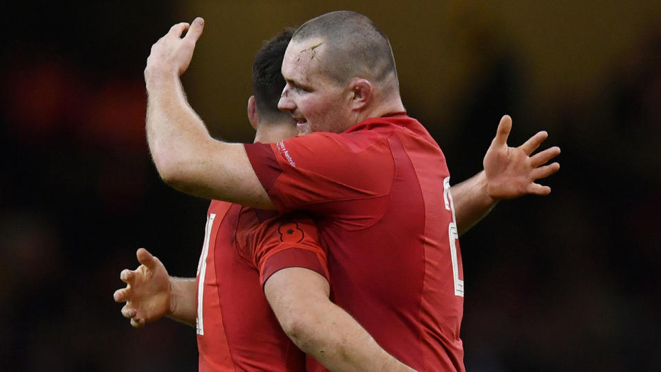 Tomos Williams and Dan Biggar of Wales celebrate on the final whistle following the International Friendly match between Wales and Australia at Principality Stadium on November 10, 2018 in Cardiff, United Kingdom. (Photo by Dan Mullan/Getty Images)