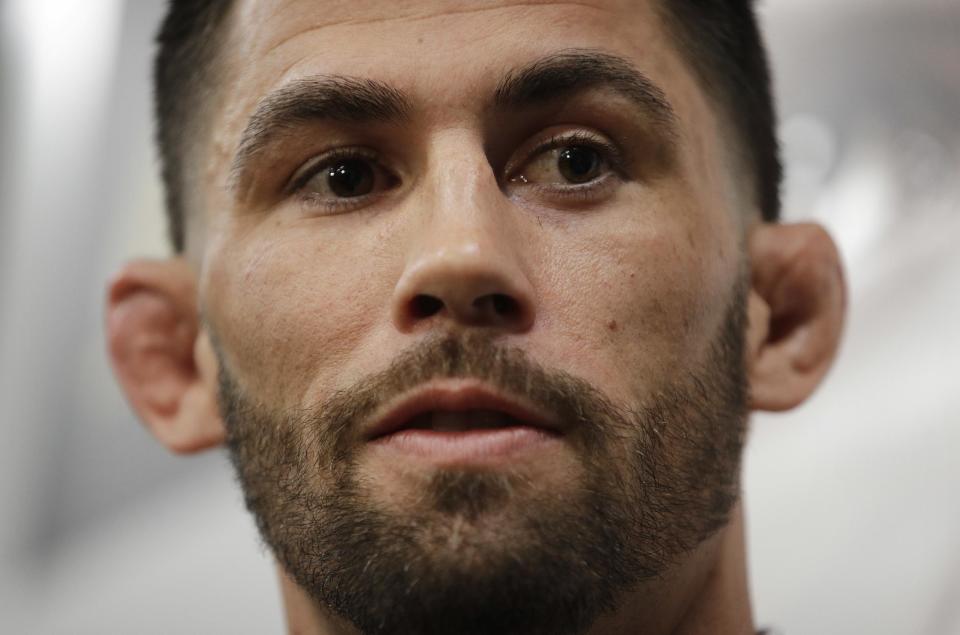 Dominick Cruz speaks with the media during a media day for UFC 207, Wednesday, Dec. 28, 2016, in Las Vegas. Cruz is scheduled to fight Cody Garbrandt in a mixed martial arts bout Saturday in Las Vegas. (AP Photo/John Locher)