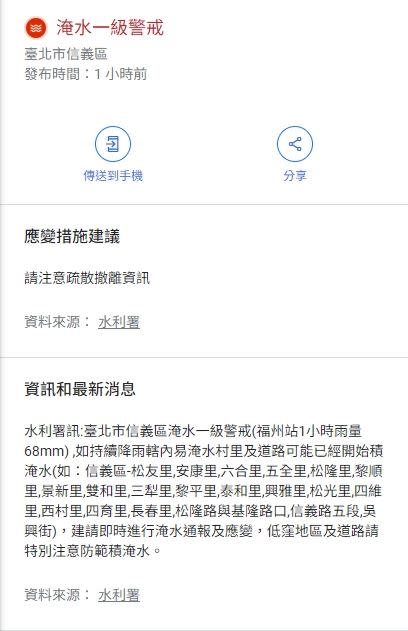 水利署訊：台北市信義區淹水一級警戒。（圖／翻攝自Google地圖）