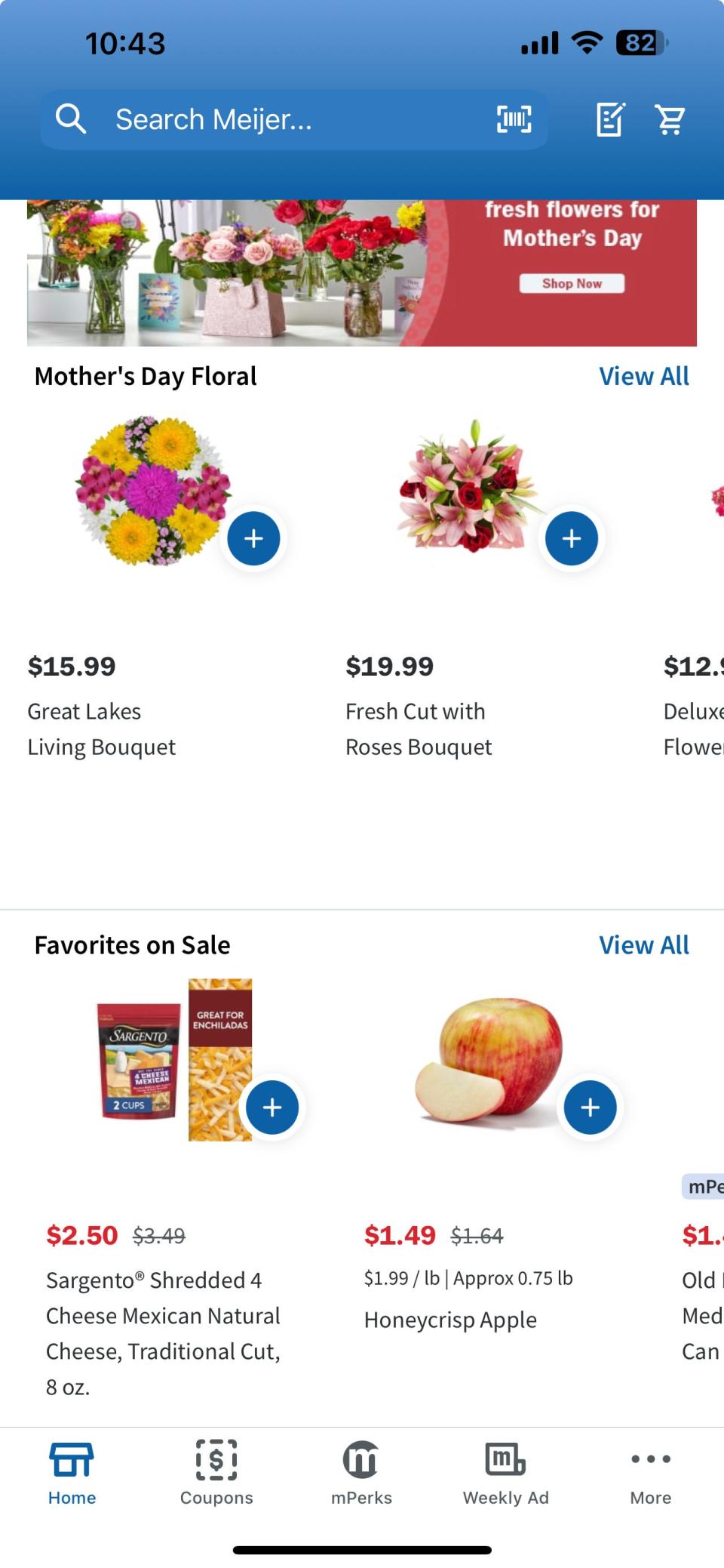 The home screen of the Meijer app displays specials and also points out items shoppers regularly purchase that are on sale at any given time.