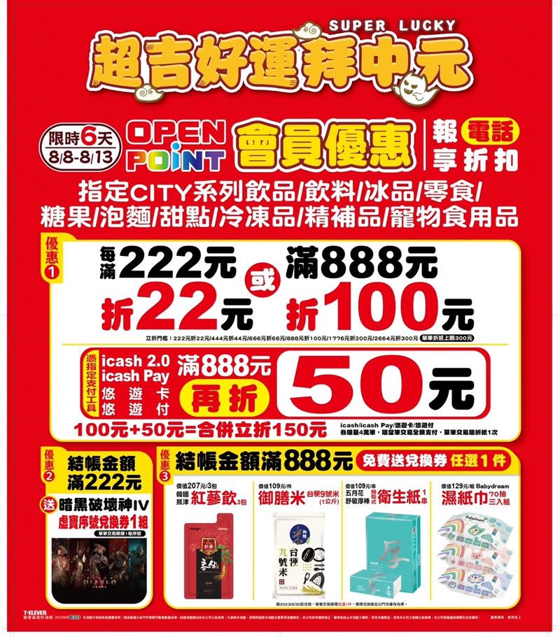 7-ELEVEN 8月8日至8月13日加碼，單筆結帳金額滿888元，最高現省150元，還加贈好禮4選1。（圖／7-ELEVEN提供）