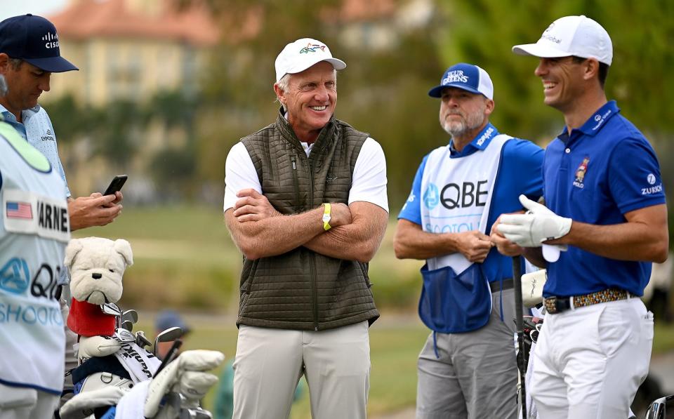 Greg Norman greets players on the first hole during the QBE Shootout at the Tibur—n Golf Club in Naples,Friday,Dec.11,2020.(Photo/Chris Tilley)