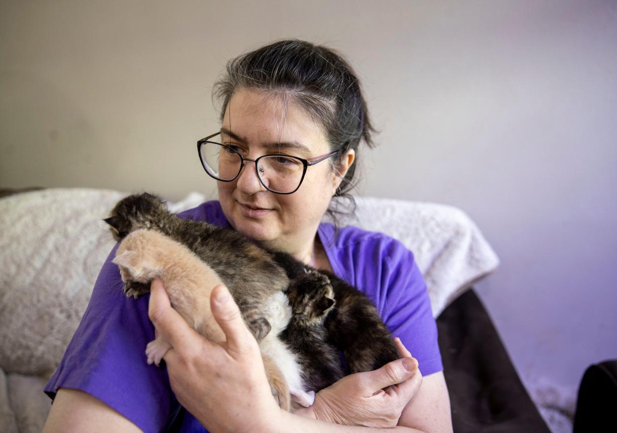 Pamela VanZanten with Neonatal Kitten Rescue of the PNW in Jefferson holds one to three week old kittens.