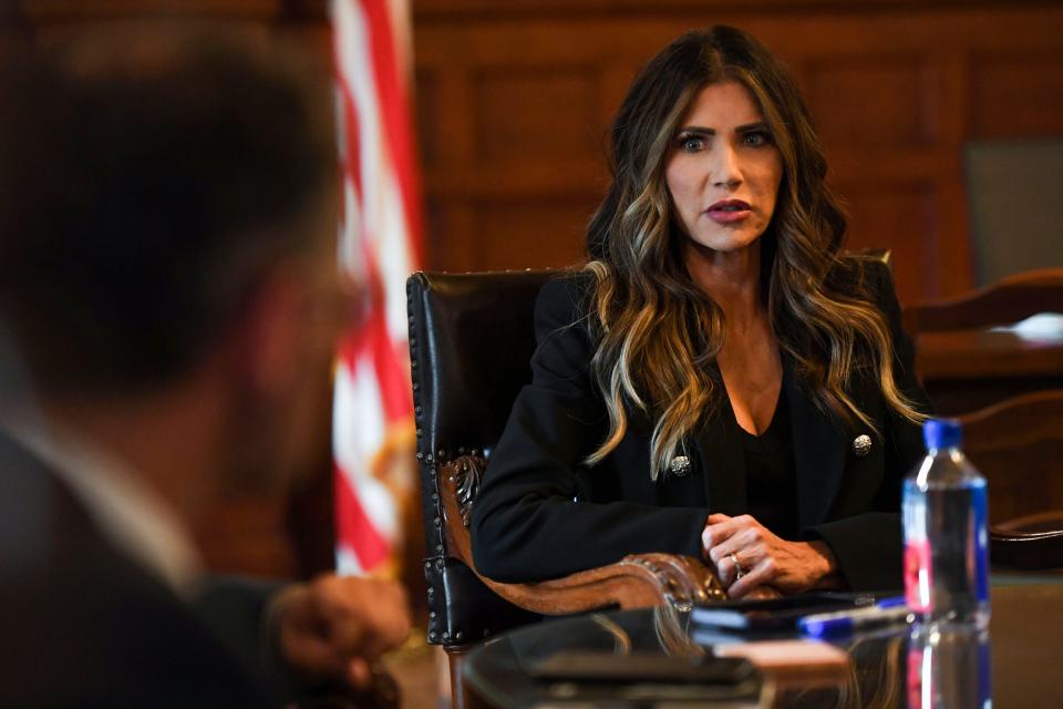 Governor Kristi Noem interviews with Argus Leader and South Dakota Searchlight reporters about the indigenous child welfare laws on Tuesday, Sept. 26, 2023 at South Dakota State Capital in Pierre, South Dakota.