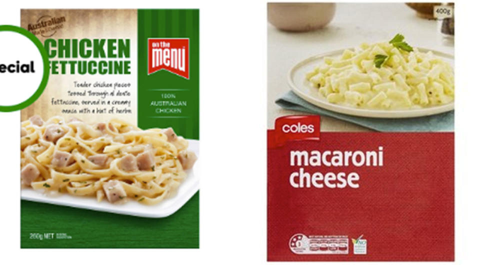 On the Menu Chicken Fettuccine and Coles Macaroni Cheese were considered on the bottom of the scale with no vegetable serves. Photo: Woolworths/ Coles