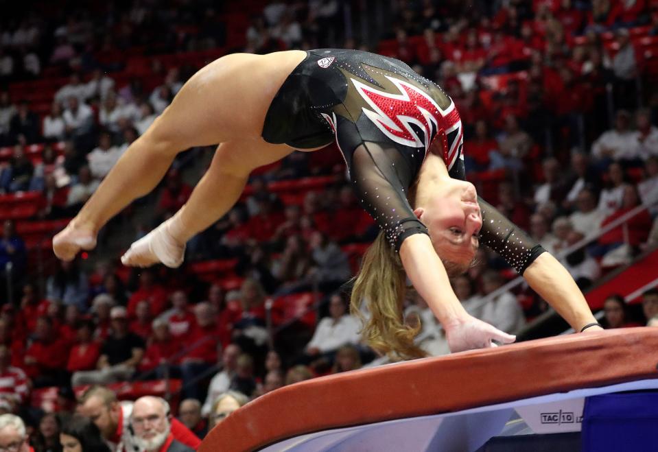 Utah’s Camie Winger competes on the vault against Boise State during a gymnastics meet at the Huntsman Center in Salt Lake City on Friday, Jan. 5, 2024. Utah won. | Kristin Murphy, Deseret News