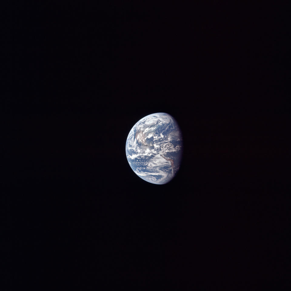 This July 17, 1969 photo made available by NASA shows the Earth as the Apollo 11 mission travels towards the moon. It’s estimated that about 600 million people around the world watched as Neil Armstrong and Buzz Aldrin landed on the moon in 1969. (NASA via AP)