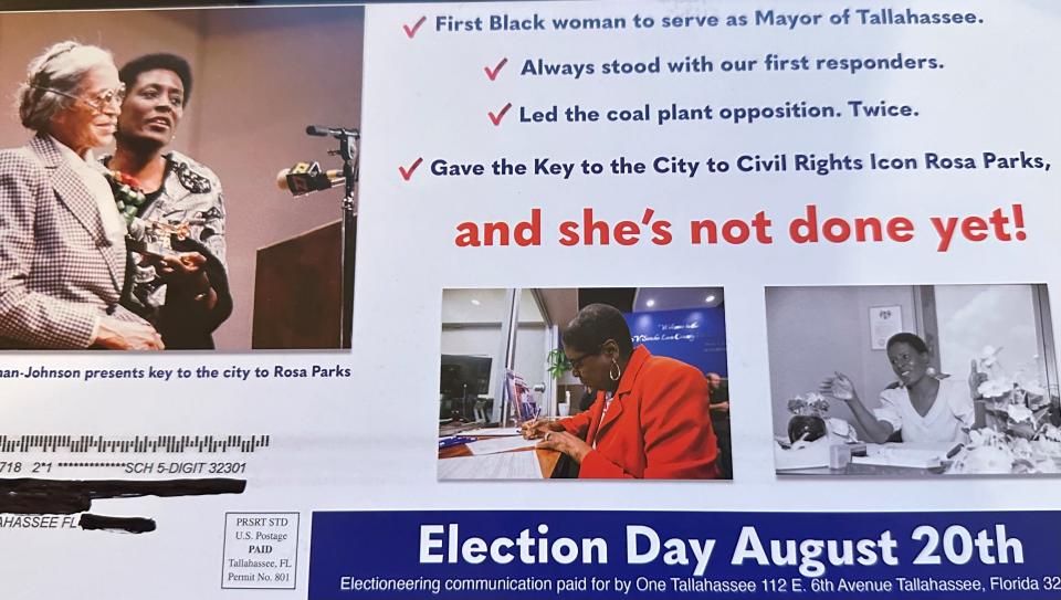 One side of a recent mailer sent by Dot Inman-Johnson, who's challenging City Commissioner Curtis Richardson for Seat 2.