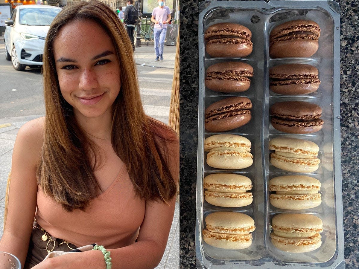 Kyra Aurelia Alessandrini (left) trader joe's macarons (right)