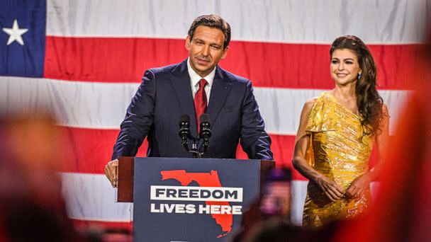 PHOTO: Republican gubernatorial candidate for Florida Gov. Ron DeSantis speaks during an election night watch party at the Convention Center in Tampa, Fla., on Nov. 8, 2022.  (Giorgio Viera/AFP via Getty Images)