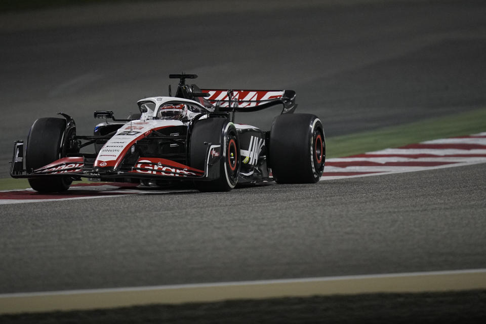 Haas driver Kevin Magnussen of Denmark in action during the Formula One Bahrain Grand Prix at Sakhir circuit, Sunday, March 5, 2023. (AP Photo/Ariel Schalit)