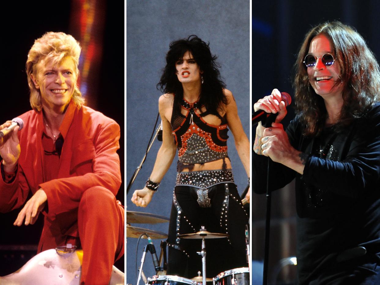 A collage showing David Bowie, Tommy Lee of Motley Crue, and Ozzy Osbourne.