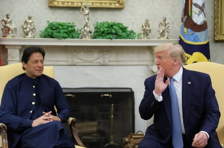 Pakistan’s Prime Minister Khan meets with U.S. President Trump in the Oval Office of the White House in Washington