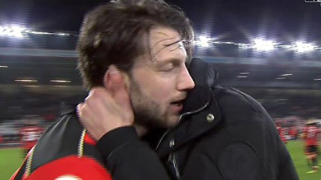 Guardiola embraces Arter. Image: Sky Sport