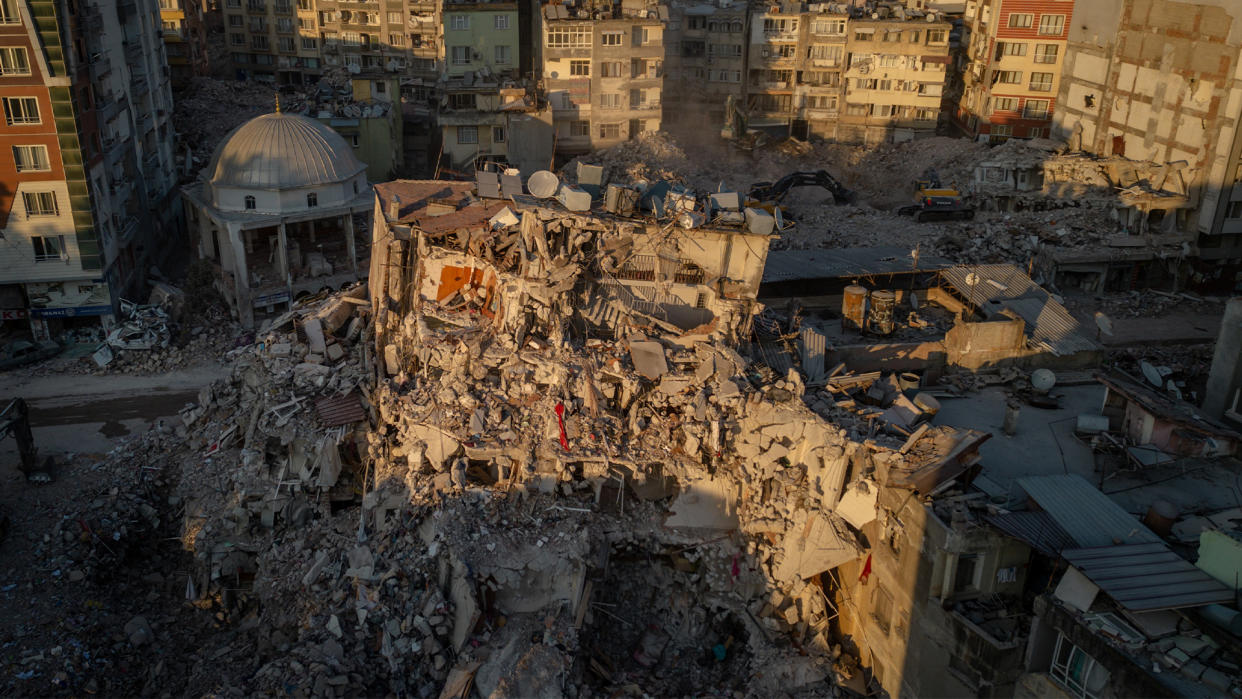  A destroyed mosque amid rubble on February 20, 2023 in Hatay, Turkey after a 7.8-magnitude earthquake hit near Gaziantep, by a 7.5-magnitude tremor the same day. 
