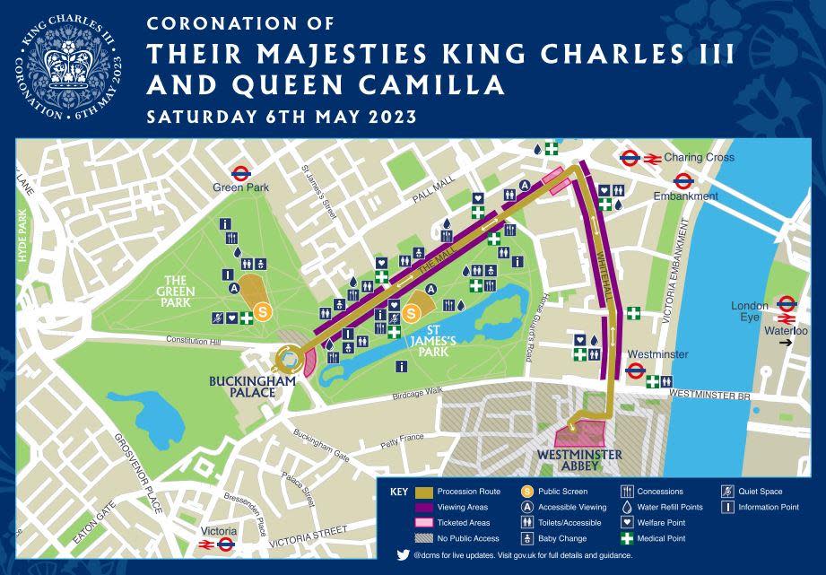 A map provided by the U.K. government shows the route that the procession carrying King Charles III will take from Buckingham Palace, down The Mall and then to Westminster Abbey, for his coronation on May 6, 2023. The king and queen will then be carried back to the palace along the same route later in the day.  / Credit: U.K. Department for Digital, Culture, Media & Sport/Handout