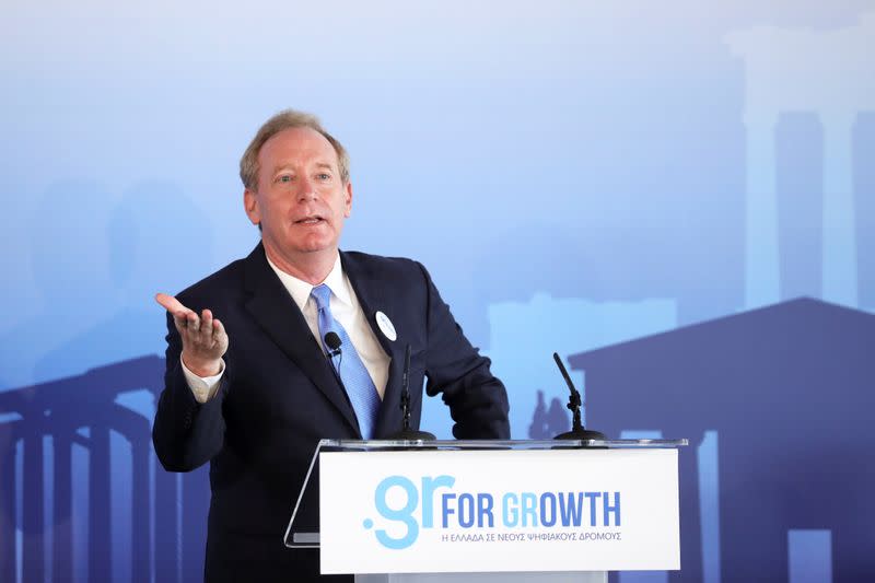 President of Microsoft Brad Smith speaks during an event on the company's new investment in Greece, in Athens