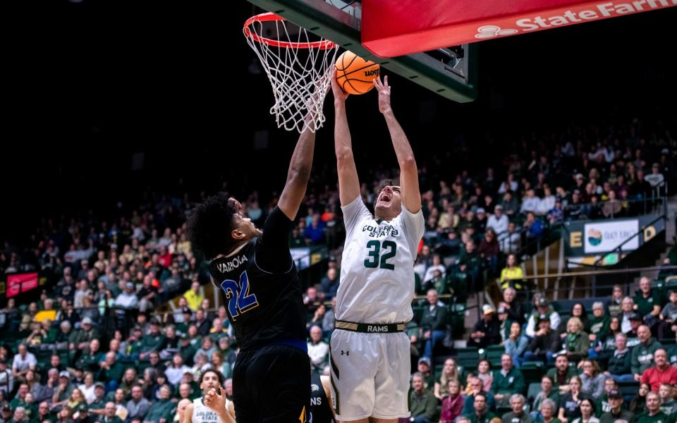 Colorado State freshman forward Kyle Evans (32) rises up for a layup against San Jose State at Moby Arena on Saturday Dec. 31, 2022.