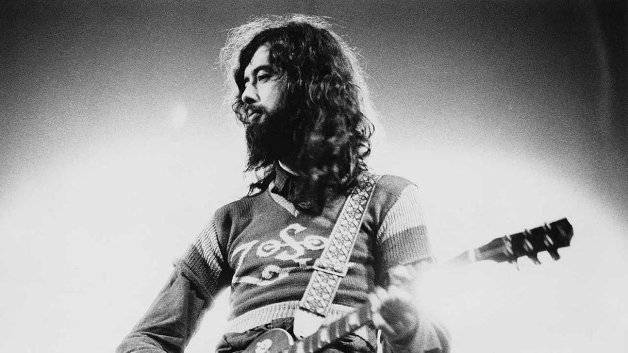  Guitarist Jimmy Page of English rock group Led Zeppelin plays a Gibson Les Paul guitar live on stage at the Empire Pool, Wembley, London, 23rd November 1971 