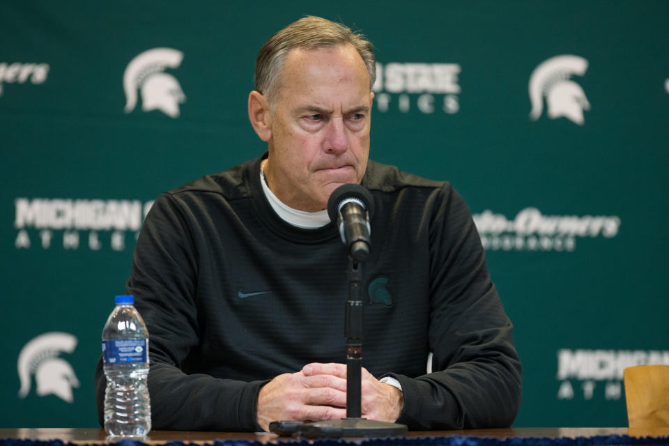 Michigan State head coach Mark Dantonio speaks during the post-game news conference following his team's blowout loss to Michigan. (Scott W. Grau/Icon Sportswire via Getty Images)