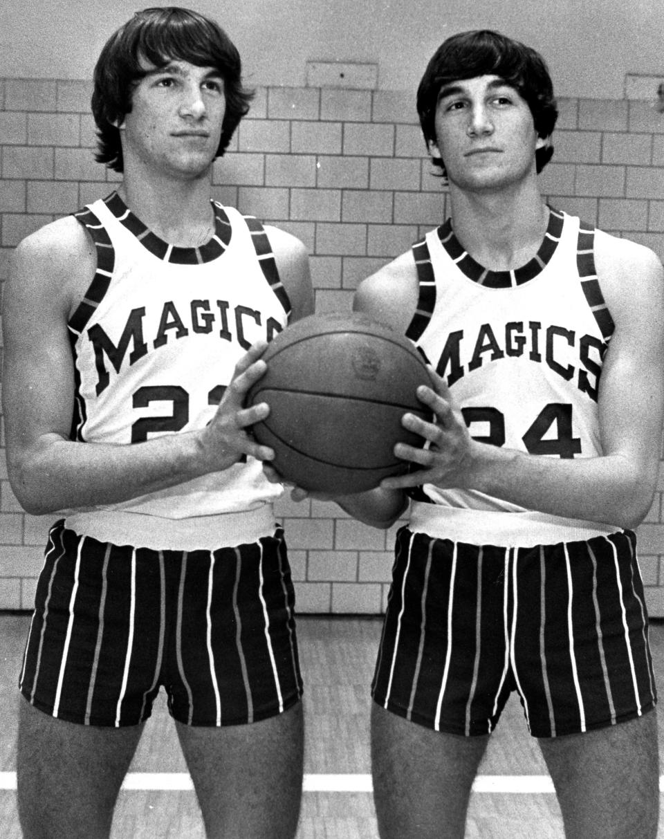 Twins Mark Bodnar, left, and Marty Bodnar, right, starred for the Barberton High School basketball team in the 1970s.