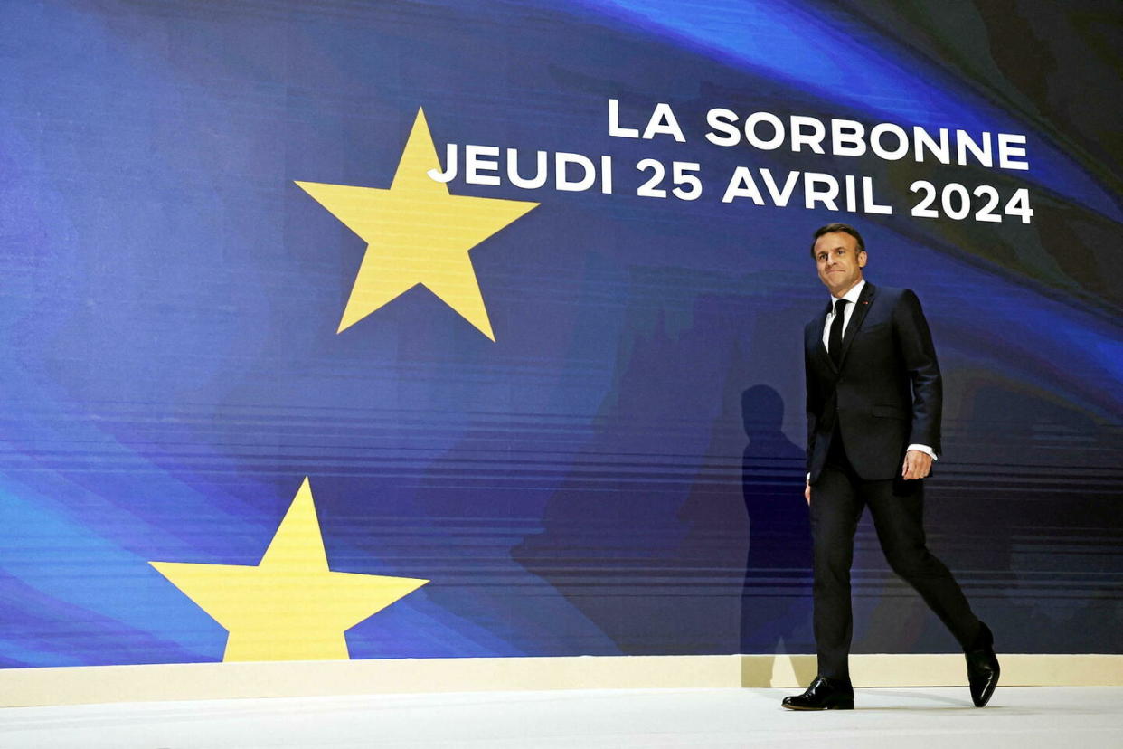 Le président Emmanuel Macron a tenu un discours à la Sorbonne ce jeudi 25 avril 2024, où il a notamment alerté sur le risque de voir l'Europe mourir face aux bouleversements du monde.  - Credit:CHRISTOPHE PETIT TESSON / POOL /MAXPPP