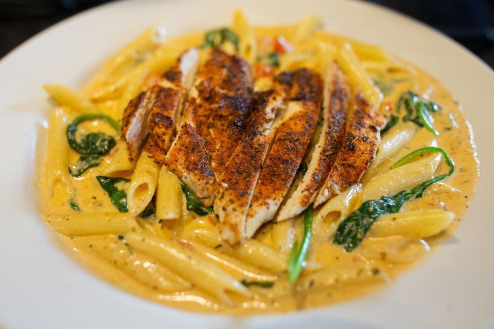 The blackened chicken pasta served at Piesanos, located on Blairstone Road.
