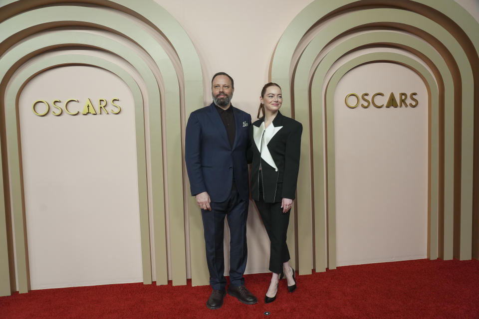 Yorgos Lanthimos and Emma Stone arrive at the 96th Academy Awards Oscar nominees luncheon on Monday, Feb. 12, 2024, at the Beverly Hilton Hotel in Beverly Hills, Calif. (Photo by Jordan Strauss/Invision/AP)