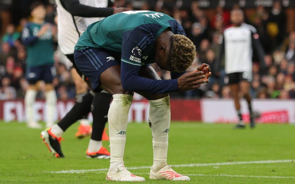 Bukayo Saka of Arsenal reacts after missing a shot on goal against Fulham