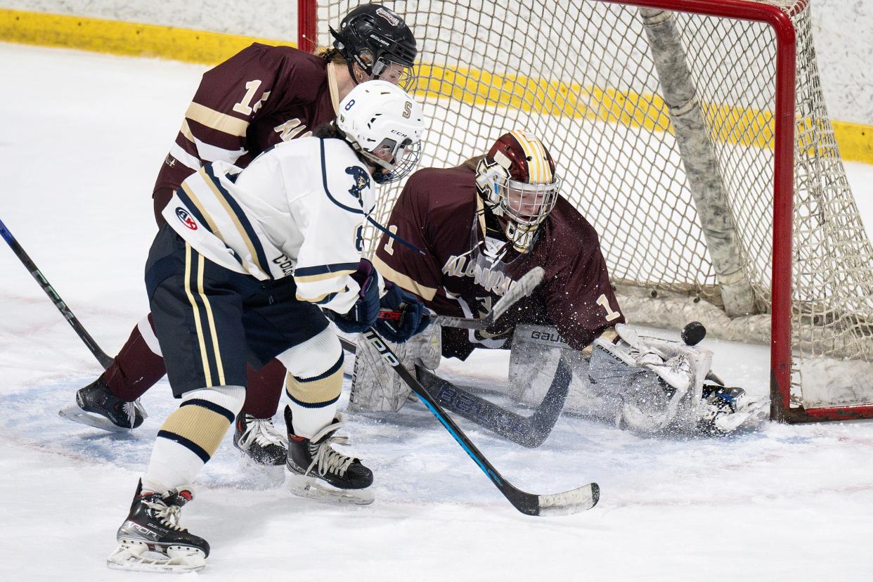 Algonquin goalie Addy Cagan stops a shot from Shrewsbury's Kealey Fay during Wednesday night's game at NorthStar Ice Sports in Westborough.