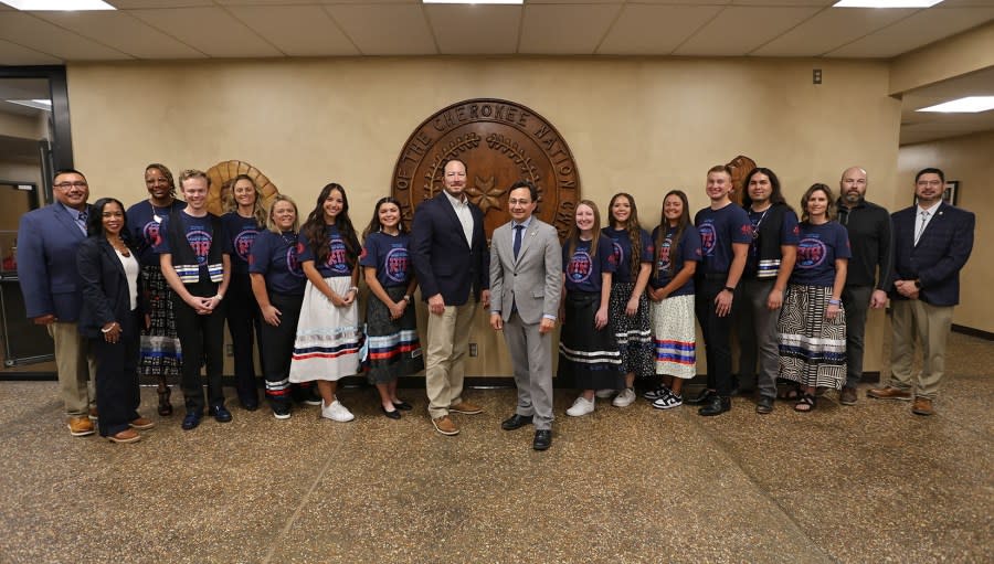 Photo Cutline (L-R): Cherokee Nation Education Services Executive Director Mark Vance, Cherokee Nation Secretary of State Shella Bowlin, RTR participant Ashawna Miles, RTR participant Camerin Fite-James, RTR participant Shawna Baker, RTR participant Heather Fite, RTR participant Jaslyn Christie, RTR participant Hannah Neugin, Deputy Chief Bryan Warner, Principal Chief Chuck Hoskin Jr., RTR participant Jasmine Goodman, RTR participant Lexi Melton, RTR participant Kiyah Holmes, RTR participant Jaxen Smith, RTR participant Taylor Armbrister, RTR participant Kristy Ross, Cherokee Nation Education Services Deputy Director Aaron Emberton, Cherokee Nation Chief of Staff Corey Bunch.