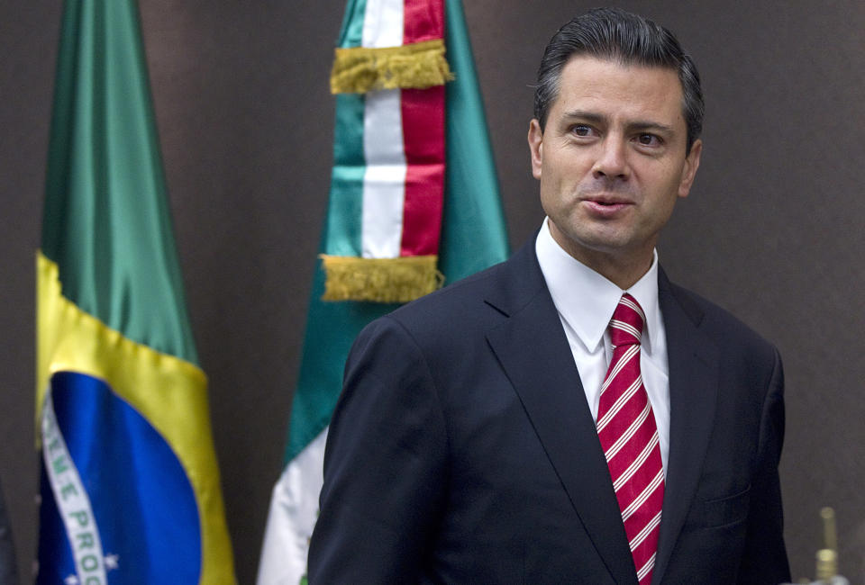 Mexico's President-elect Enrique Pena Nieto attends a press conference after meeting businessmen at the Sao Paulo's Industries Federation in Sao Paulo, Brazil, Wednesday, Sept. 19, 2012. (AP Photo/Andre Penner)