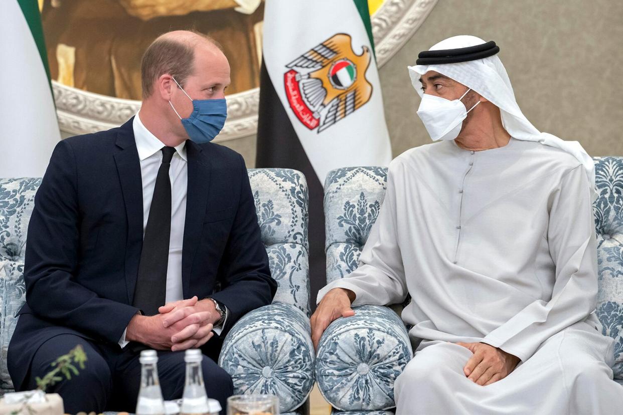 Prince William, The Duke of Cambridge, left, offering condolences to Sheikh Mohamed bin Zayed Al Nahyan, President of the UAE and Ruler of Abu Dhabi, on the passing of Sheikh Khalifa bin Zayed Al Nahyan