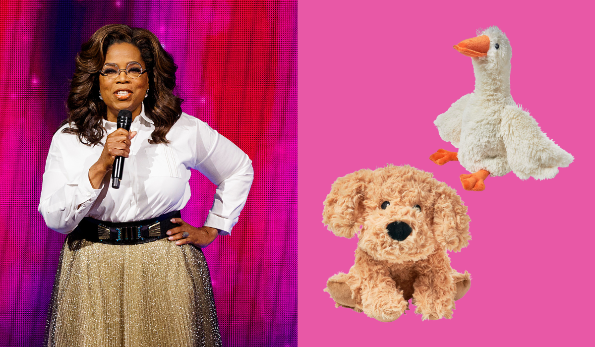 Oprah on stage next to two photos of plush toys.
