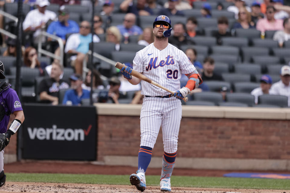 New York Mets' Pete Alonso reacts during an at bat in the fourth inning of a baseball game against the Colorado Rockies, Sunday, Aug. 28, 2022, in New York. (AP Photo/Corey Sipkin)