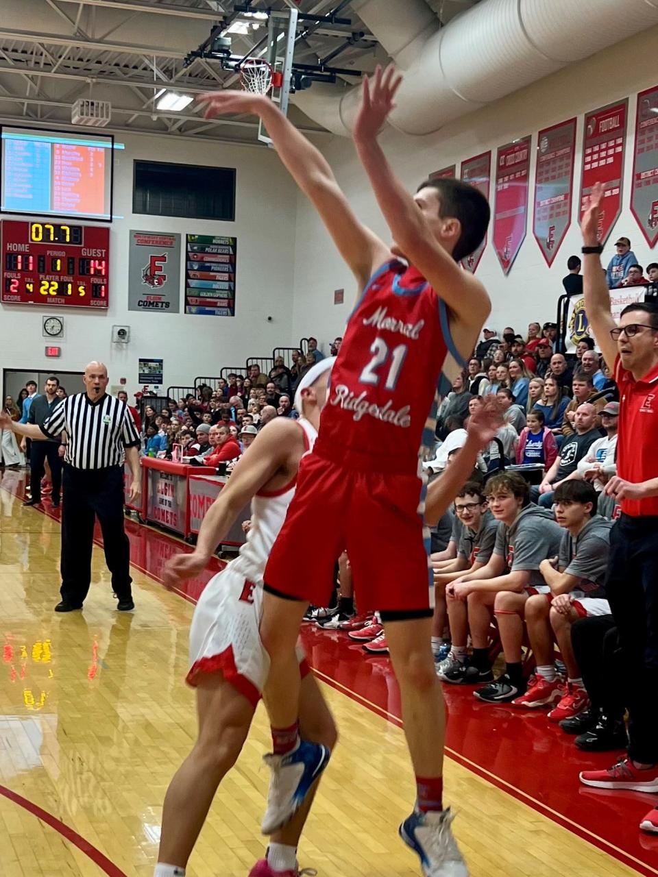 Ridgedale's Eric Gottfried shoots at Elgin during a boys basketball game recently.
