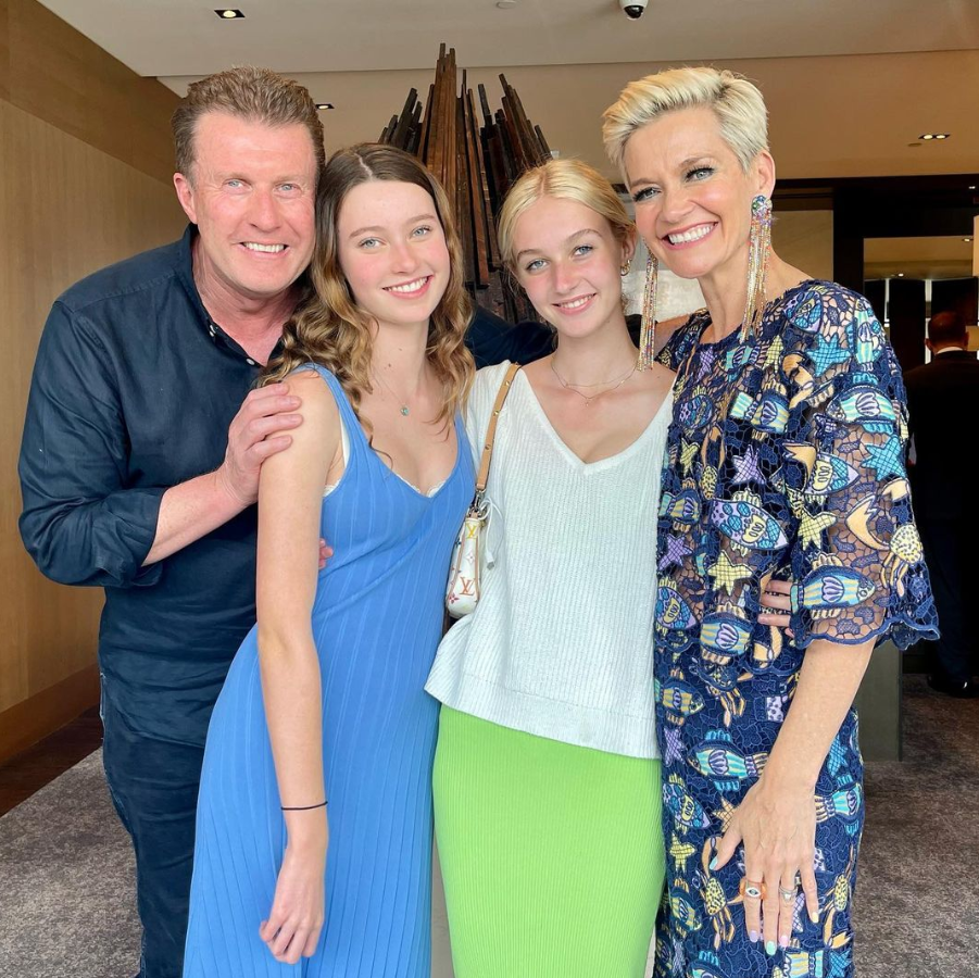 Peter, Giselle and Allegra Overton pose with Jessica Rowe. 